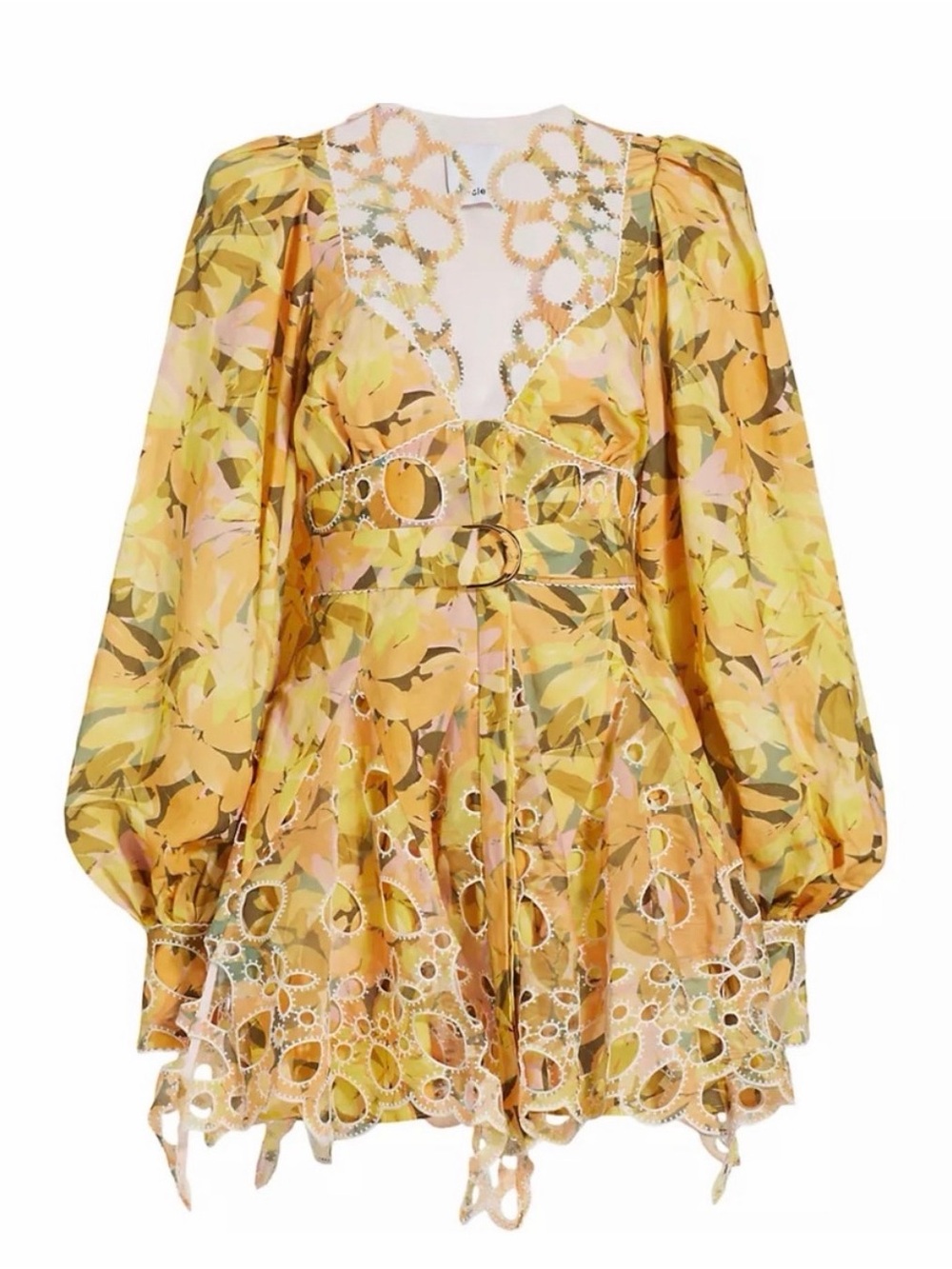 Acler Arnoult Yellow Floral Eyelet Mini Dress with Belt